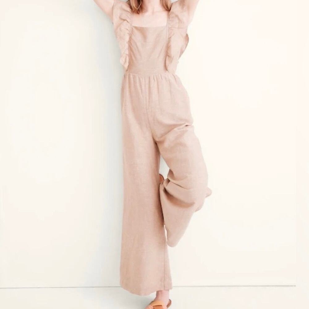 Madewell Ruffle Tie Back Linen Blend Jumpsuit Women's 10 Seed Khaki